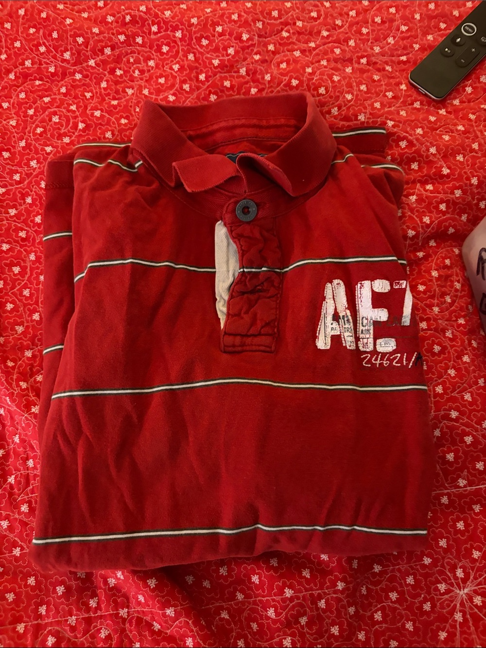 American Eagle Red Polo with Thin White and Green Stripes